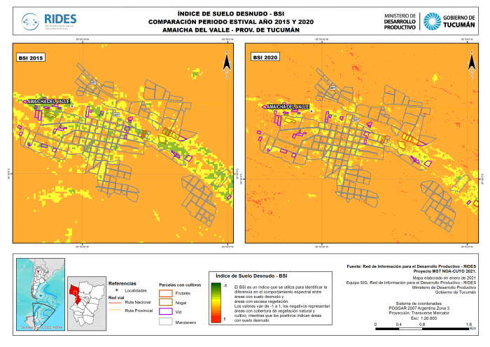 Imagen del Mapa de Índice de Suelo Desnudo – BSI, Periodo estival 2015 y 2020, Amaicha del Valle, Prov. de Tucumán