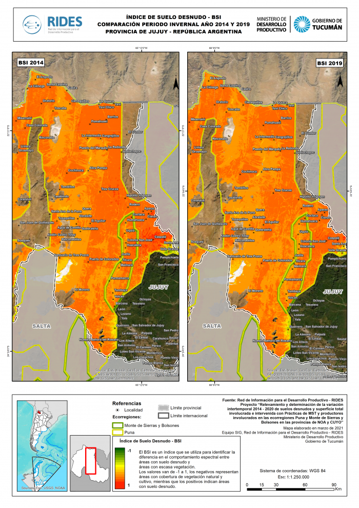 Imagen del Mapa de Índice de Suelo Desnudo – BSI, comparación periodo invernal año 2014 y 2019. Prov. de Jujuy – República Argentina