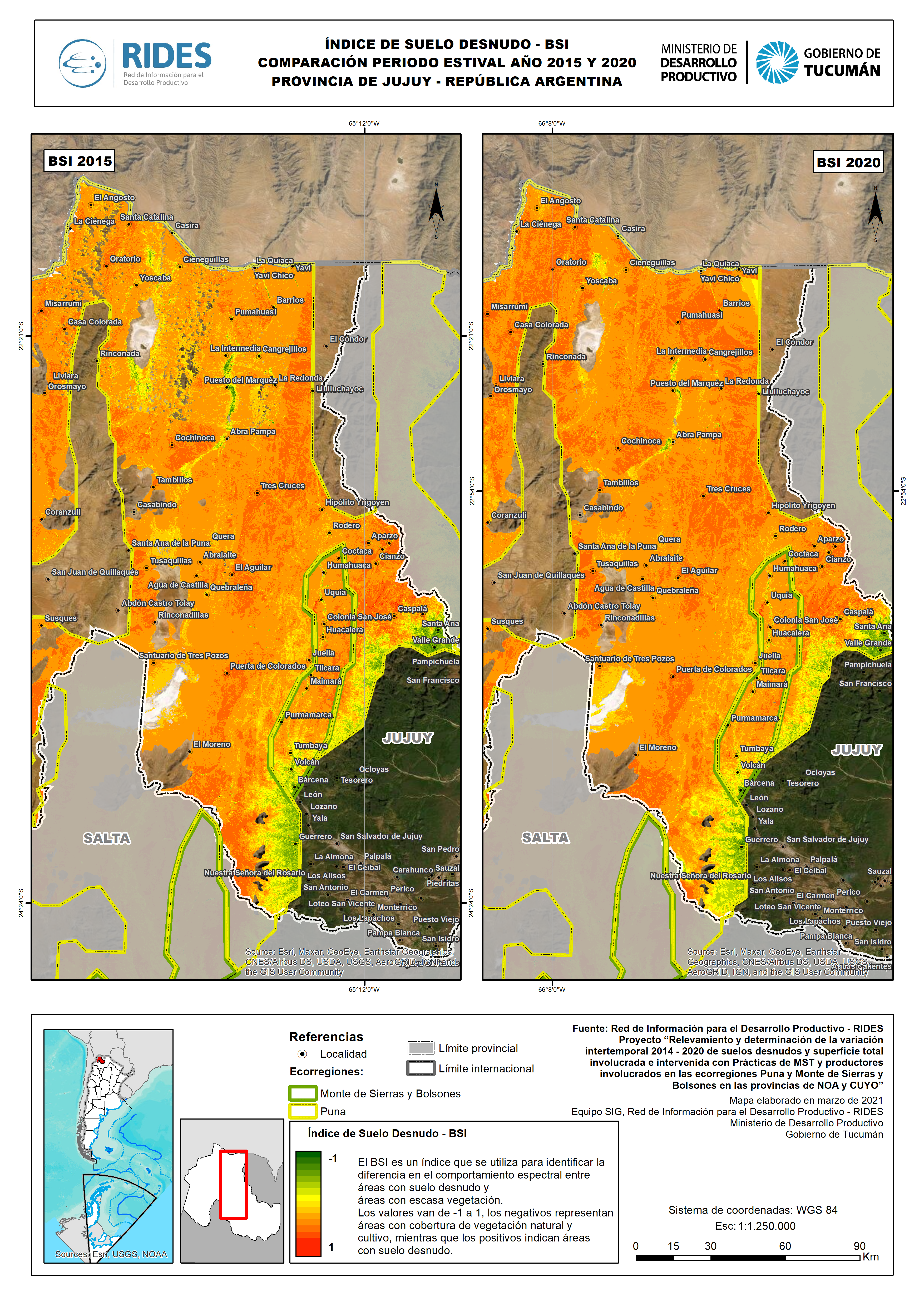 Índice de Suelo Desnudo - BSI, comparación periodo estival año 2015 y 2020.  Prov. de Jujuy - República Argentina - RIDES : RIDES