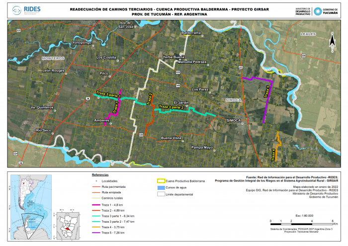 Imagen del Mapa de Readecuación de Caminos Terciarios – Cuenca Productiva Balderrama – Proyecto GIRSAR – Deptos. Monteros y Simoca – Prov. de Tucumán